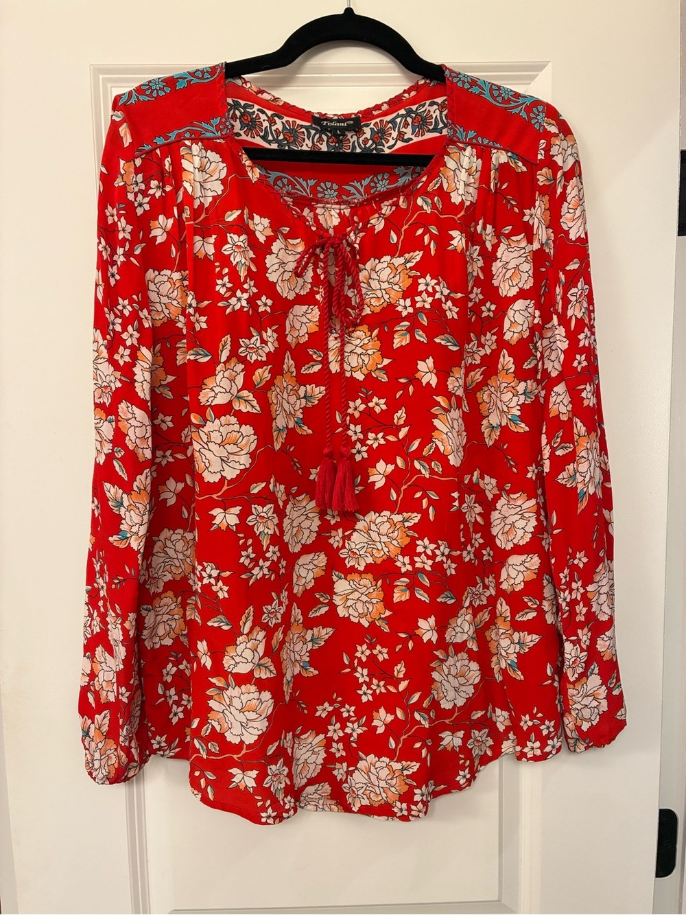 Tolani Red Floral Tassel Peasant Blouse